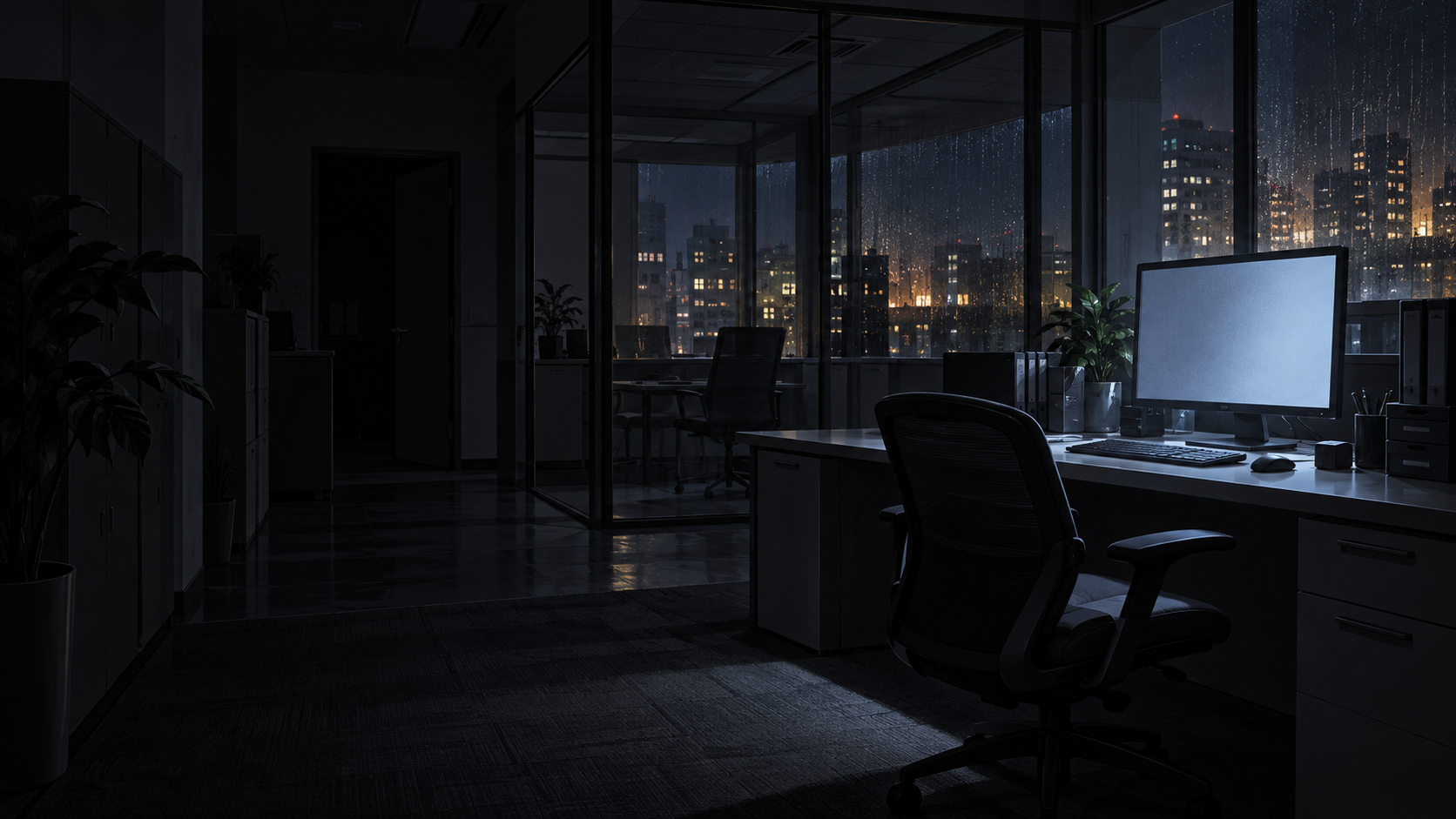 BEHIND THE LOGの舞台をイメージした夜のオフィス