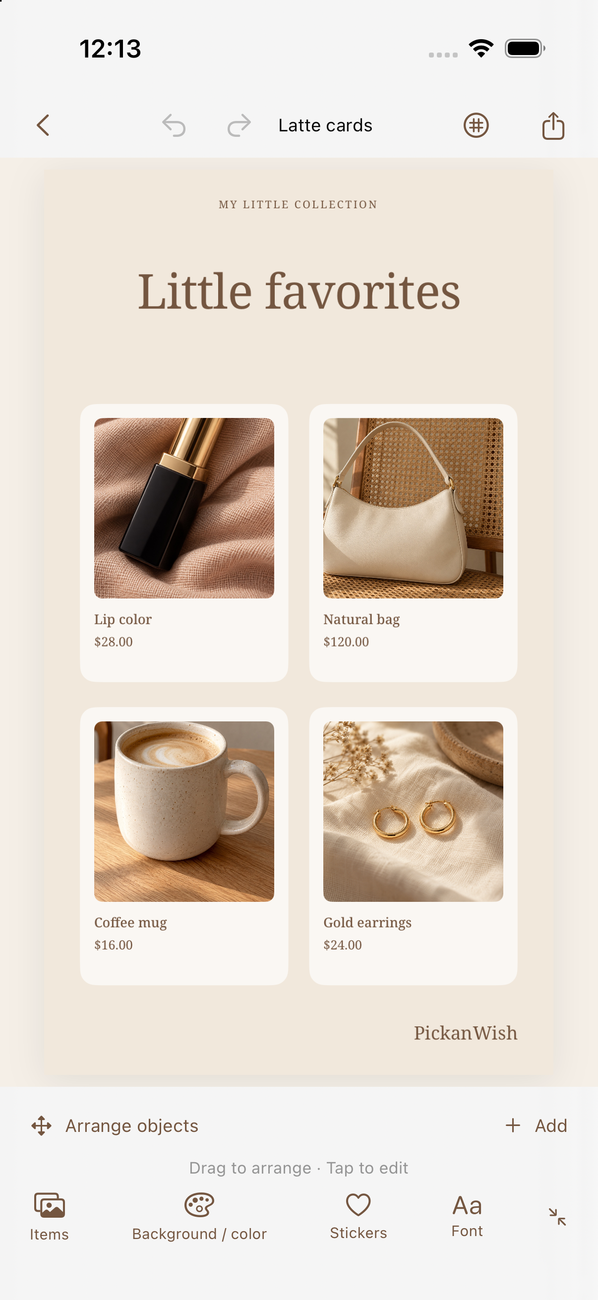 The collage editor, with background, text and sticker controls