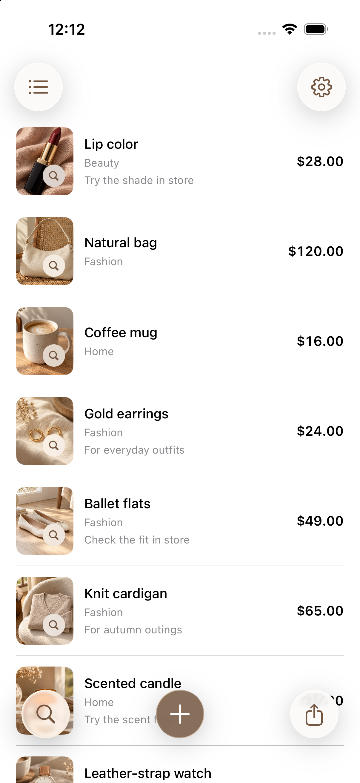 List view with prices and notes